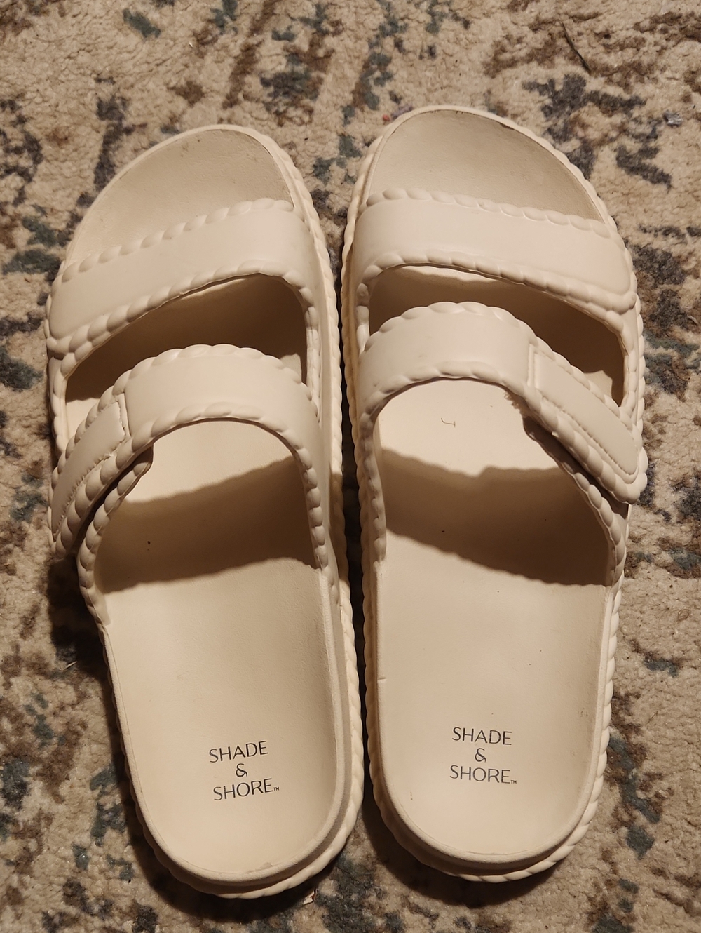 Shade & Shore Womens Cream Double-Strap Slide Sandals
